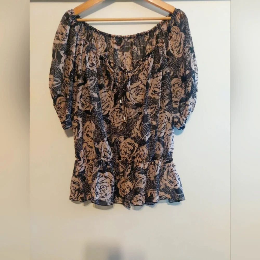 Guess Womens Puff Sleeve semi sheer boho floral Printed Ruffle top blouse L